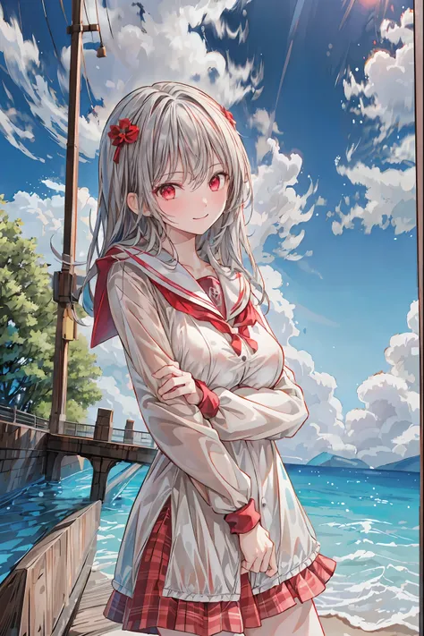  masterpiece,Highest quality,1 girl,Alone,outdoor,,viewers, serafuku,smile,ãã©ã¹ ,bangs,null,blue null,cloud,medium breasts, o,Gray Hair,red eyes, cross your arms around your back,Simple Clothes , long hair,