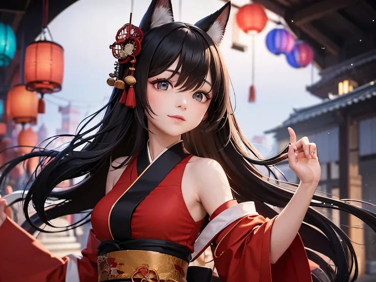    Cute Japanese doll close-up   ,   Bright Red Black Robe  ,   .    Carefully Designed   ,    shows every line of her red kimono in anime-style 3D design ,    Even in 8K HD    , Close Up of Cute Japanese Doll in 3D Rendered,     shows off the finest Japan...