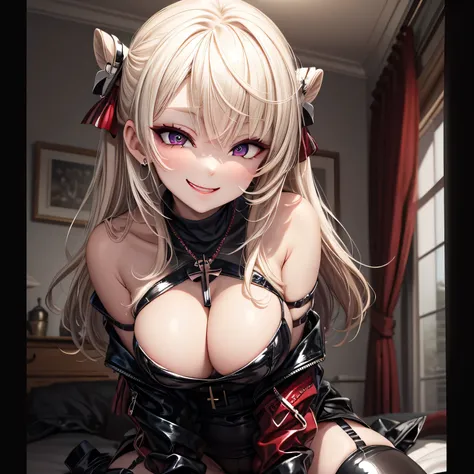 evil smile, under teen, bratty girl, shiny latex, officer, satanic, looking at viewer, blonde hair, inverted cross necklace, highlighted eyes with eyeliner, false eyelashes, soft shadows, light makeup, blushed