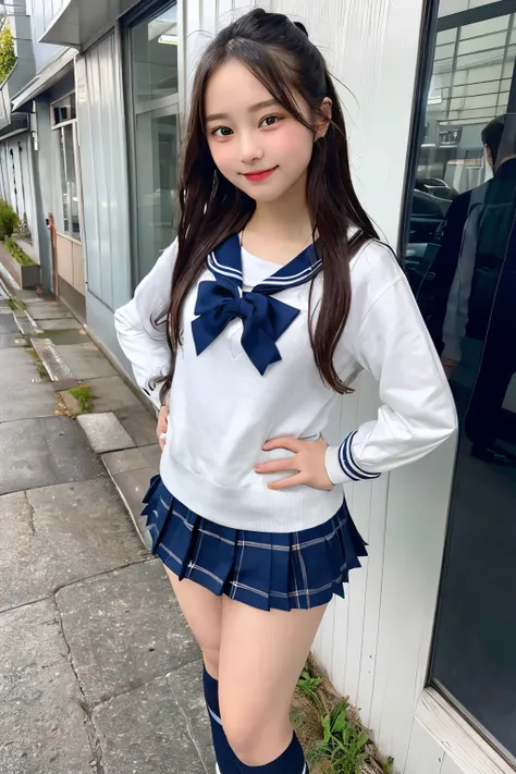 (8k、 RAW photos 、best image quality、best image quality、Impressive:1.2)、( real 、 real )、1 girl、 cute face、 High School Girl Uniform、 sailor suit、 Long Sleeve、miniskirt、 navy blue socks、loafers、is smiling、standing with hands on hips、Full Body Image
