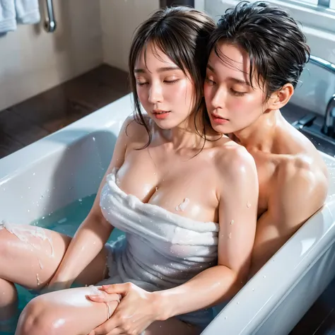 (The 8k quality, Ultra-high-resolution quality, Ultra high definition, Photorealistic, Best Quality):1.5, (​masterpiece):1.4,
(camera angle from oblique view):5.0,
(in the beautiful brightly large square bathtub fulled with hot water, 1 man and 1 woman in ...