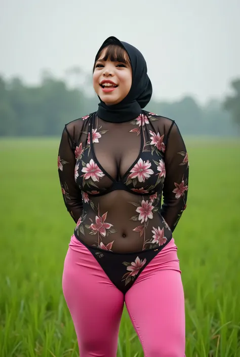 (chubby body), pink flared yoga pants, Makcik (Muscle bodybuilder), SQUATTING (HIGHHEELS SLIP OFF),  "Facial expression in Happy Orgasm", Wearing flora print hijab, Skinny hijab skinny hijab skinny hijab skinny hijab, (photorealistic:1.6) Indonesian hijab ...