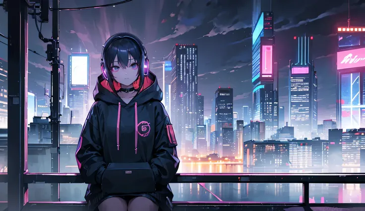 ((best quality)), ((masterpiece)), (detailed),A cozy cyberpunk cityscape at night with neon lights reflecting on wet streets, a muscle car drifting in the distance, a person in a hoodie sitting by a window with headphones on, sipping coffee. The sky blends...