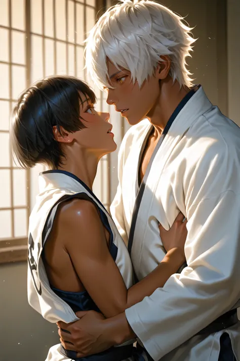 best high quality, black eyes Details, photo realistic, 2 Japanese young boys kiss each other, abs, dark skin, black hair, erecting hard penis bulge, white karate wear, in dojo, naked, uncensored,
