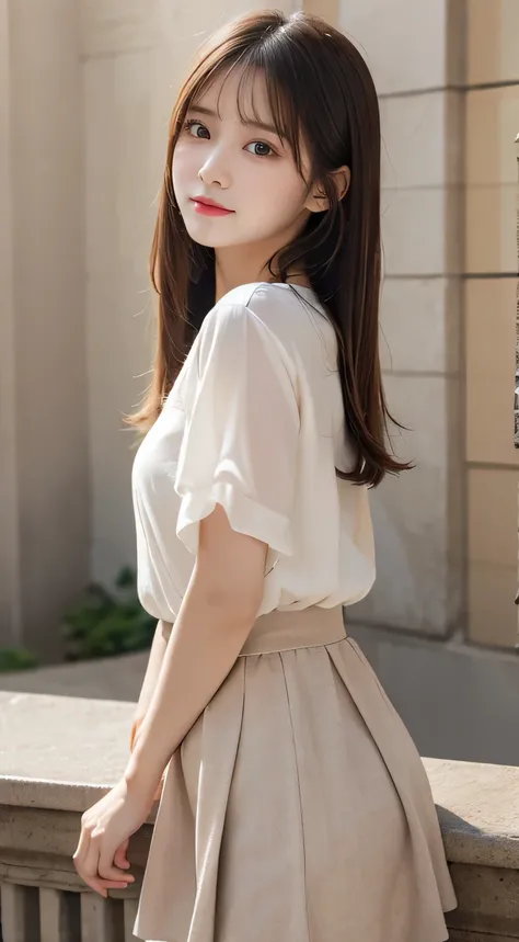 top quality, 8K images 、cute girl、 straight hair、  light brown hair 、 white skin、 Tiered Skirt、tunic