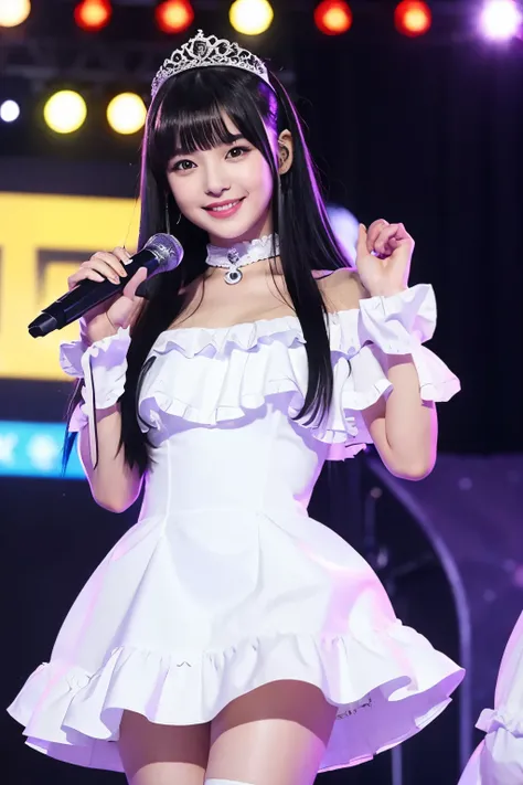 One cute female idol、 black hair、straight hair、 has bangs、smile、holding microphone in right hand、Big Breasts、 sexy body、in a mini princess dress with ruffles、 white knee-high boots、is standing on a LiveStage crowded with lots of spectators