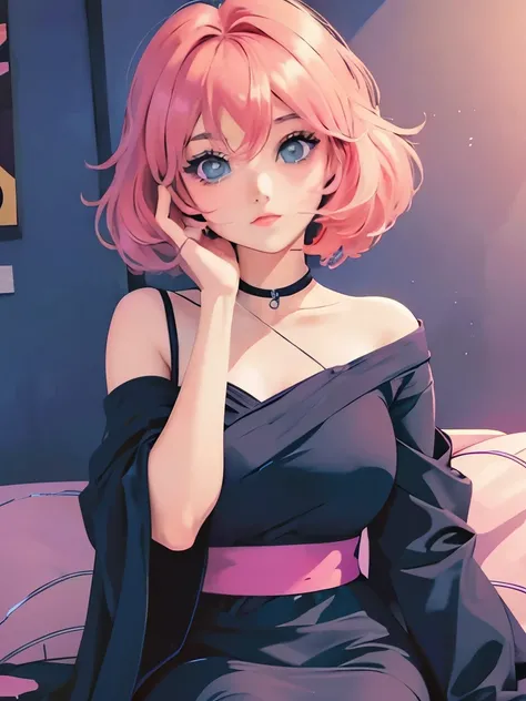  a woman in a black dress sitting on a pink blanket, seductive anime girl, 8 0 s anime vibe, anime vibes, anime art style, 8 0 s anime art style, in the art style of 8 0 s anime, retro anime girl, beautiful anime art style, loish art style, 8 0 s anime sty...