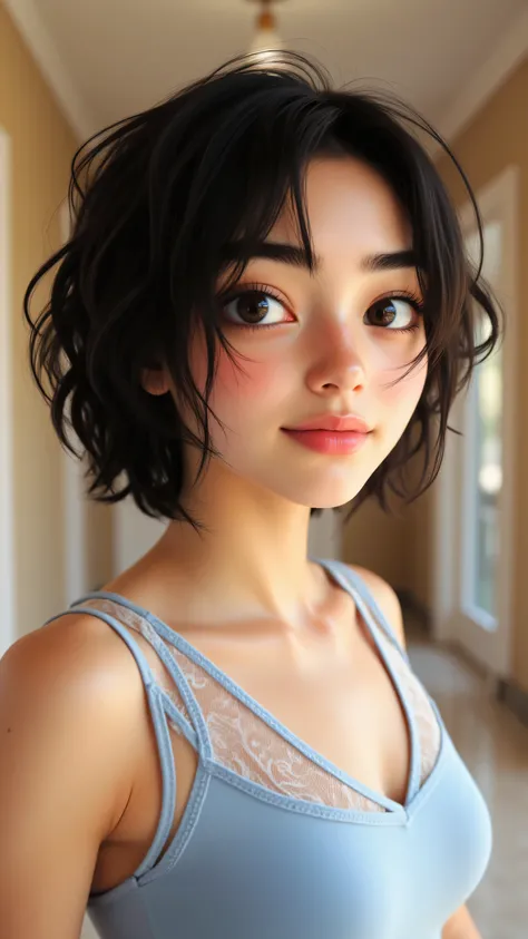 8k, Masterpiece, Top Quality, 3D animated character, Beautiful Women, big expressive eyes,  Pixar style, high detail, vibrant colors, cheerful expression,, Close-up, head-and-shoulders, fair-skinned, dark-hair, short-hair, v-neck, light-blue, top, sheer, n...