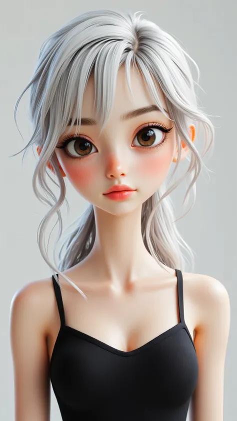 8k, Masterpiece, Top Quality, 3D animated character, Beautiful Women, big expressive eyes,  Pixar style, high detail, vibrant colors, cheerful expression,, Close-up, frontal, pale skin, silver-white hair, wavy, styled, pulled back, black dress, thin straps...