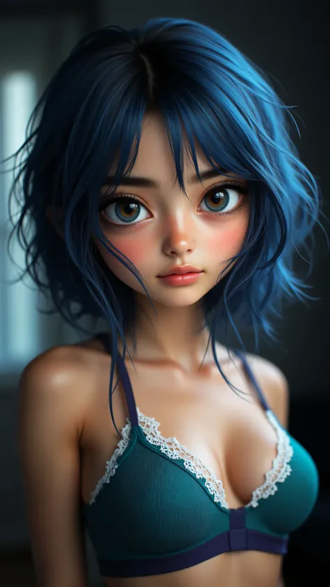 8k, Masterpiece, Top Quality, 3D animated character, Beautiful Women, big expressive eyes,  Pixar style, high detail, vibrant colors, cheerful expression,, Close-up, frontal, serious, alluring, blue, short, wavy, bob, straight, bangs, toned, midriff, abdom...