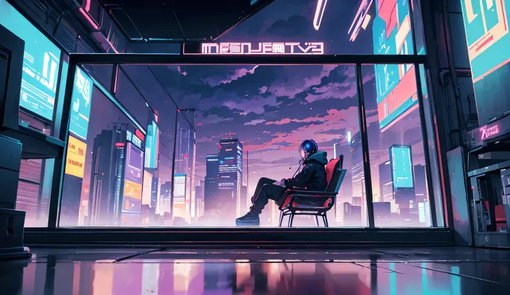 ((best quality)), ((masterpiece)), (detailed),A cozy cyberpunk cityscape at night with neon lights reflecting on wet streets, a muscle car drifting in the distance, a person in a hoodie sitting by a window with headphones on, sipping coffee. The sky blends...