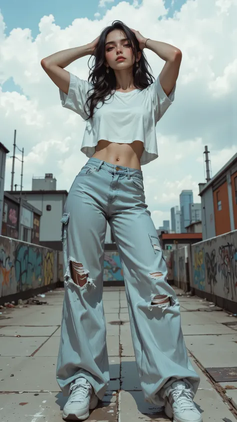 8k, Masterpiece, Top Quality, woman, woman. Dark hair. Relaxed expression. White cropped top. Light-wash distressed wide-leg jeans. White sneakers.  Arms slightly raised. Relaxed confident pose. Flat urban rooftop background. Graffiti. Partly cloudy sky.
