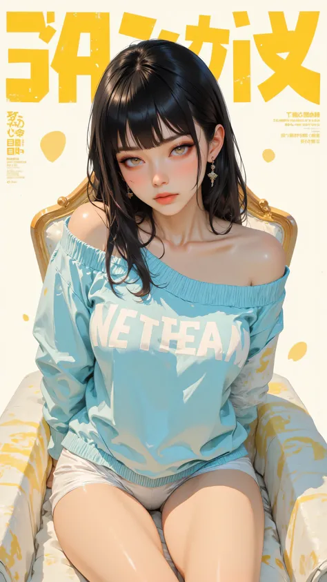 8k, Masterpiece, Top Quality, High-angle, woman, dark hair, bangs, light blue sweater, off-shoulder, white underwear, legs, demure expression, light background, Japanese text, yellow design, armchair, mustard yellow, casual elegance, youthfulness.