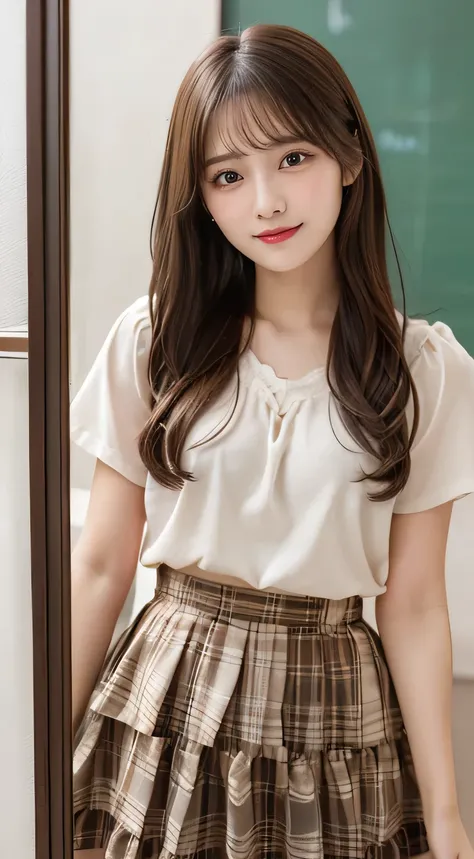 (cute girl, cute face、My reflection in the mirror:1.3)、top quality,、8K images、  actual photo 、Cute looks、Perfect and Beautiful Double Eyelids、 light brown hair、 high school student、( Tiered Skirt、tunic:1.2)、happy