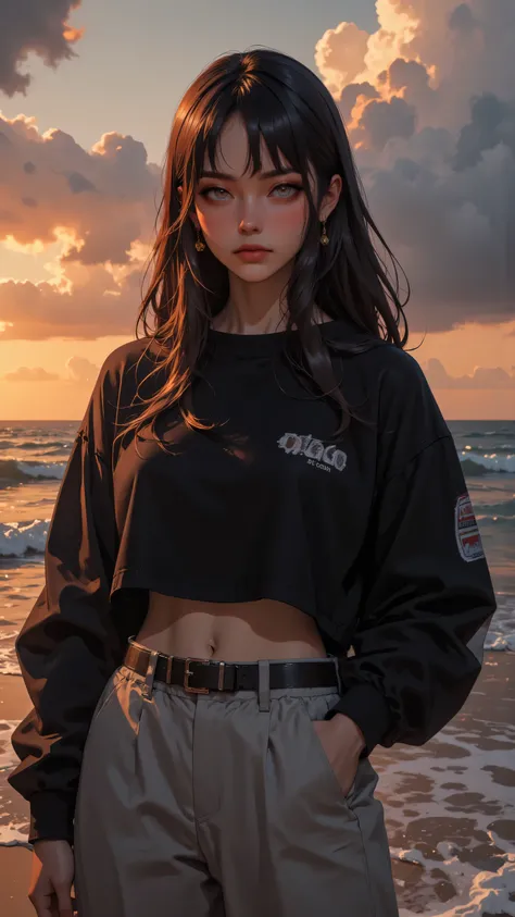 8k, Masterpiece, Top Quality, Close-up, woman, brown hair,  black cropped sweatshirt, light gray pants, relaxed pose, beach, sunset, ocean, cloudy sky.
