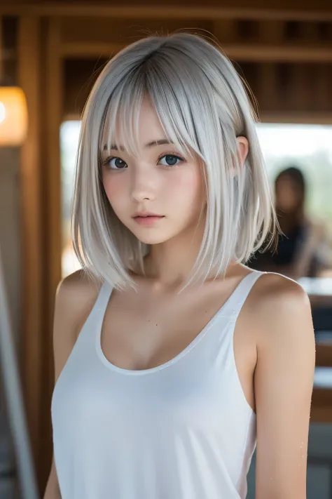 hair blown in the wind 、Sweaty skin、Sweaty hair、Wet clothes、 dusk coast, cute girl like a Japanese idol, short hair, Slender body、 athlete、(Movie Lighting),(natural light),(High Artistic Quality),(Artistic),(Indistinguishable from genuine quality),{{ RAW p...