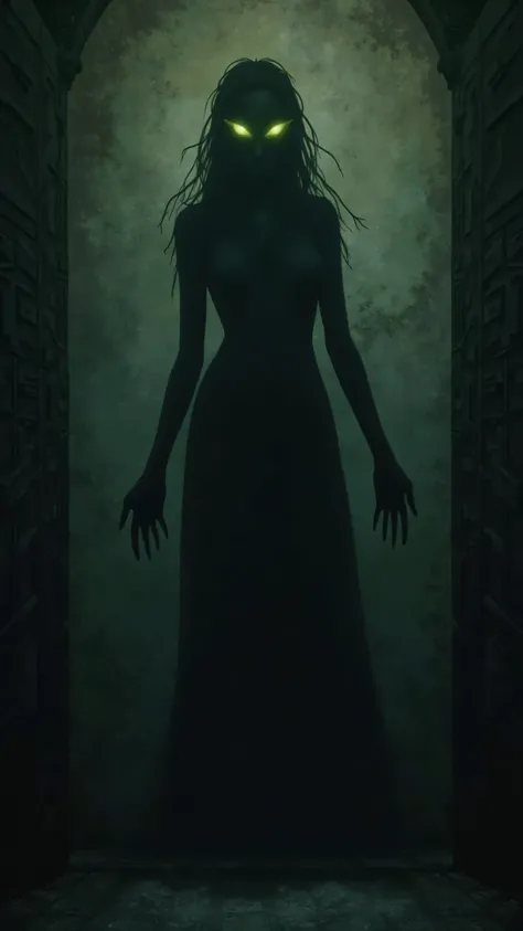 fantasy art, goth art, there is  shadow of a woman on the wall, the shadow has green eyes, glowing eyes