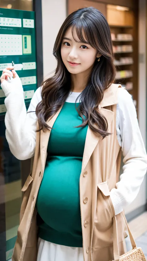 masterpiece, Best Quality, 8K,looking at the viewer,Japanese Lady,20 years old, huge pregnant, Voluptuous, pharmacy background, shoulder length hair, semi casual and insulated vest, half body, standing 