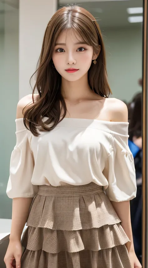 (cute girl, cute face、My reflection in the mirror、fashion show:1.2)、top quality,、8K images、  actual photo 、Cute looks、Perfect and Beautiful Double Eyelids、 light brown hair、 high school student、( Tiered Skirt、tunic:1.2)、off-shoulder