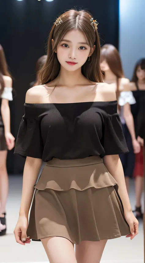 (cute girl, cute face、My reflection in the mirror、fashion show:1.2)、top quality,、8K images、  actual photo 、Cute looks、Perfect and Beautiful Double Eyelids、 light brown hair、 high school student、( Tiered Skirt、tunic:1.2)、off-shoulder