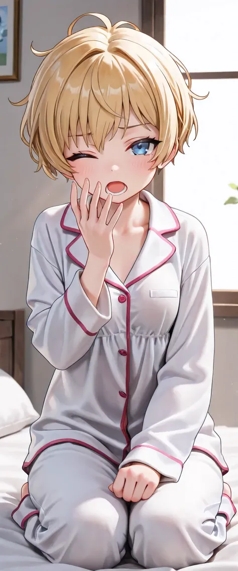 ((ultra detailed, masterpiece, best quality, 8k)) break, 1girl, solo, flat breasts, blonde hair, short hair, pixie cut, wavy hair, blue eyes, one eyes closed, wake up yawn, mouth open, close mouth, pajamas, (white pajamas), window, morning, looking at view...