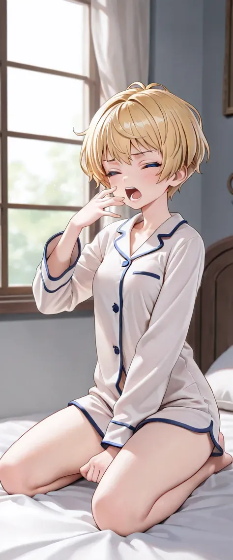 ((ultra detailed, masterpiece, best quality, 8k)) break, 1girl, solo, flat breasts, blonde hair, short hair, pixie cut, wavy hair, blue eyes, one eyes closed, wake up yawn, mouth open, close mouth, pajamas, (white pajamas), window, morning, looking at view...