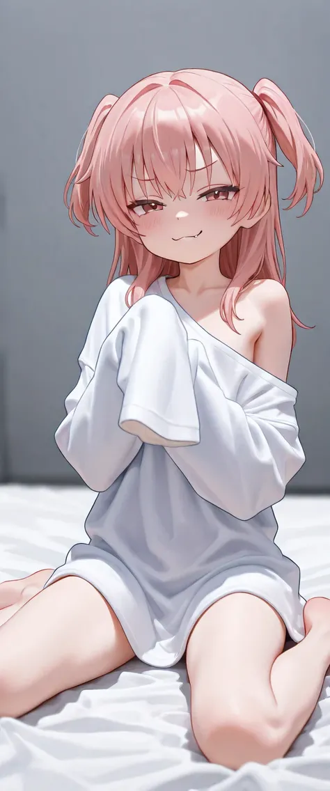 Petite girl, cute clothes, clothed, wariza, skinny body, two side up, oversized clothes, smug
