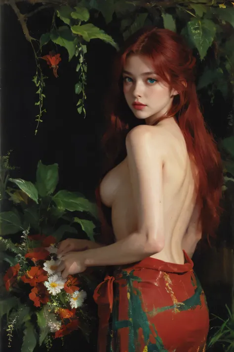 (oil painting:1.5),
\\
a woman with (red long curtly hair ), ((green eyes)) ain a field of  flowers, (amy sol:0.248), nude , with red dress,  (stanley artgerm lau:0.106), (a detailed painting:0.353), (gothic art:0.106)