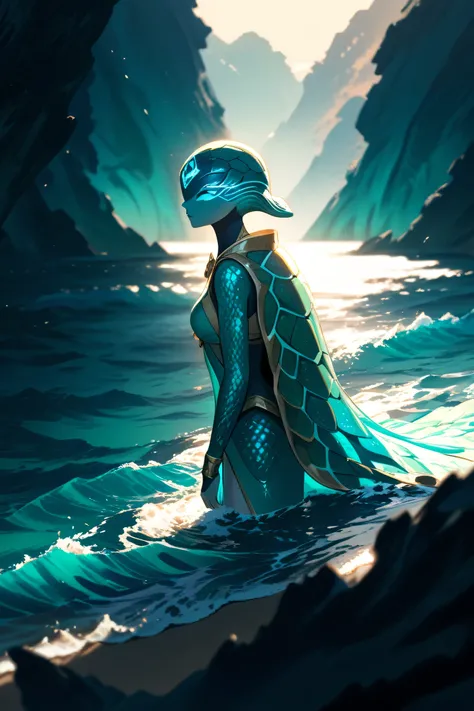 Female, turtle humanoid, looks like a turtle with beautiful turquoise scales, dynamic lighting, priestess clothing, scales on skin, sea turtle hybrid