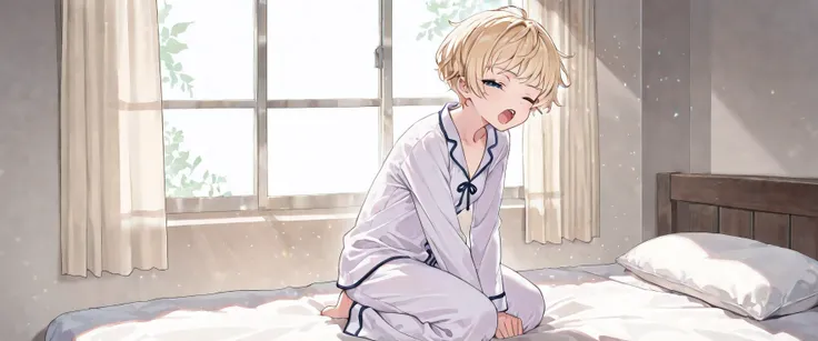 ((ultra detailed, masterpiece, best quality, 8k)) break, 1girl, solo, flat breasts, blonde hair, short hair, pixie cut, wavy hair, blue eyes, one eyes closed, wake up yawn, mouth open, close mouth, pajamas, (white pajamas), window, morning, looking at view...