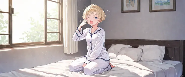 ((ultra detailed, masterpiece, best quality, 8k)) break, 1girl, solo, flat breasts, blonde hair, short hair, pixie cut, wavy hair, blue eyes, one eyes closed, wake up yawn, mouth open, close mouth, pajamas, (white pajamas), window, morning, looking at view...