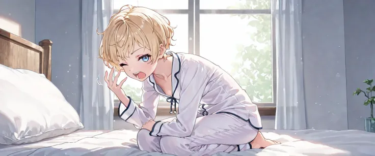 ((ultra detailed, masterpiece, best quality, 8k)) break, 1girl, solo, flat breasts, blonde hair, short hair, pixie cut, wavy hair, blue eyes, one eyes closed, wake up yawn, mouth open, close mouth, pajamas, (white pajamas), window, morning, looking at view...