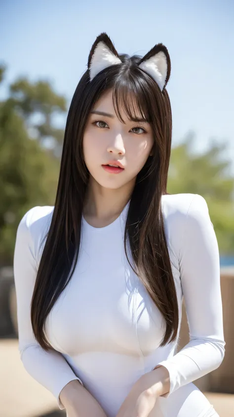 A girl with a perfect figure， very beautiful face and eyes ((red eyes))，has white wolf ears, has white wolf tails , Huge breasts,Huge breasts,The bust is really big，Baogou,,Strike sexy poses,wearing seductive latex suit,beautiful skin, 8k, QHD