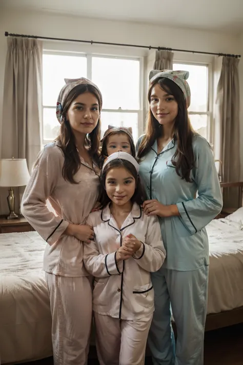 A couple with their two daughters, one  old daughter and the other  daughter posing in a room decorated with beautiful scenery and women in headscarves all men wearing pajamas with a sonka on their heads 