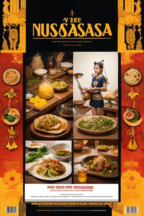 on the Nusantara festival theme poster with the title "Nusantara Culture", you can display elements such as images of fashion shows featuring traditional clothing, photos of typical Indonesian culinary delights, traditional musical instruments such as game...