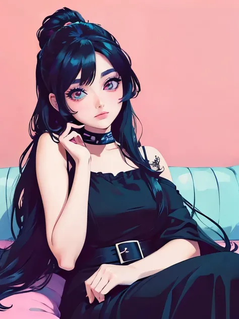  a woman in a black dress sitting on a pink blanket, an anime drawing inspired by Harumi Hironaka, trending on pixiv, furry art, 8 0 s anime vibe, seductive anime girl, anime vibes, anime art style, 8 0 s anime art style, in the art style of 8 0 s anime, r...