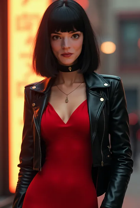 a slender woman in a red dress and dark leather jacket.  has shoulder-length hair ,  straight and with bangs 
