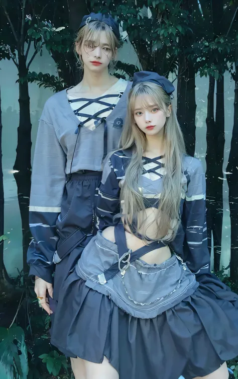 there are two people standing next to each other in a forest, intertwined full body view, dark blue clothes 