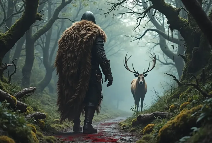 A medieval knight wearing a bear pelt cloak with the top jaw of the bear head hanging off his shoulder, the knight is walking down a dark overgrown forest towards a elk leaving blood in his footsteps 