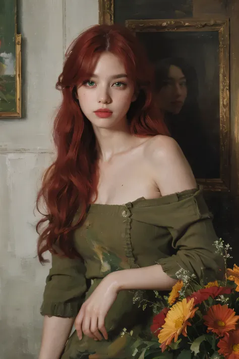 (oil painting:1.5),
\\
a woman with (red long curtly hair ), ((green eyes)) ain a field of  flowers, (amy sol:0.248), nude , with red dress,  (stanley artgerm lau:0.106), (a detailed painting:0.353), (gothic art:0.106)