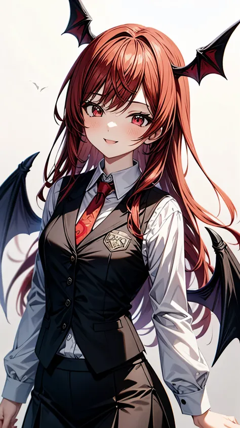 (super high quality,Ultra High Definition,16k,super masterpiece,Ultra HD , detailed shading and background,)one girl, long red hair with ocean print,bat feathers on the head, devil's wings on the back, white long sleeve shirt,Black vest,red tie,black skirt...