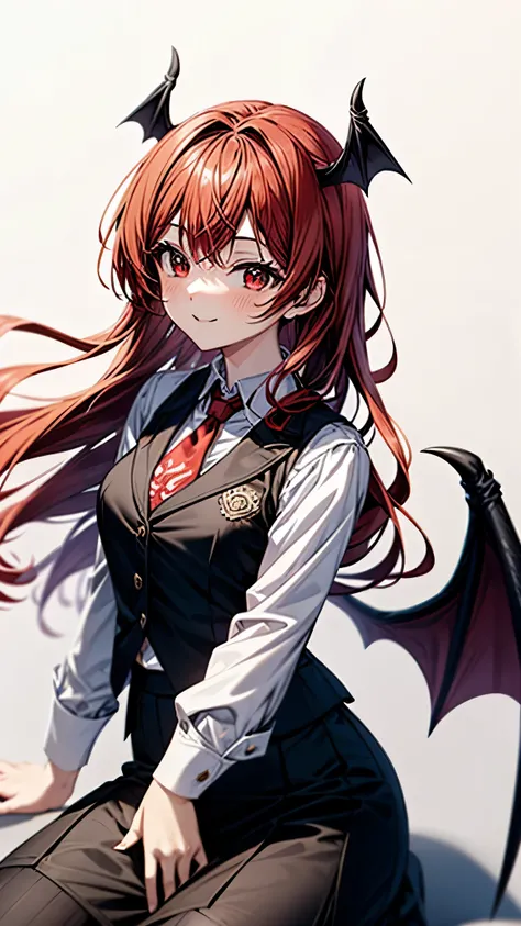 (super high quality,Ultra High Definition,16k,super masterpiece,Ultra HD , detailed shading and background,)one girl, long red hair with ocean print,bat feathers on the head, devil's wings on the back, white long sleeve shirt,Black vest,red tie,black skirt...
