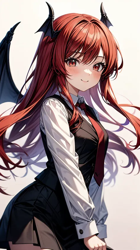 (super high quality,Ultra High Definition,16k,super masterpiece,Ultra HD , detailed shading and background,)one girl, long red hair with ocean print,bat feathers on the head, devil's wings on the back, white long sleeve shirt,Black vest,red tie,black skirt...
