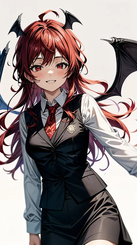 (super high quality,Ultra High Definition,16k,super masterpiece,Ultra HD , detailed shading and background,)one girl, long red hair with ocean print,bat feathers on the head, devil's wings on the back, white long sleeve shirt,Black vest,black skirt,smile,b...