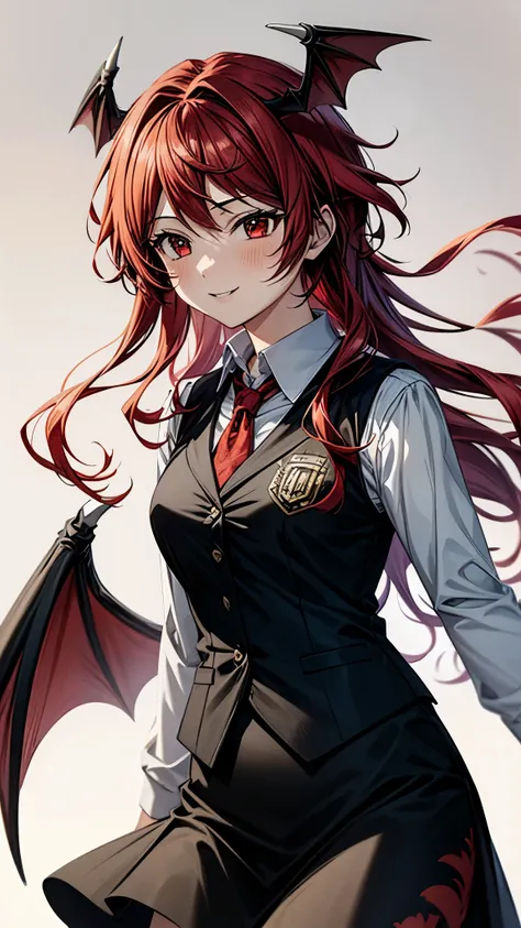 (super high quality,Ultra High Definition,16k,super masterpiece,Ultra HD , detailed shading and background,)one girl, long red hair with ocean print,bat feathers on the head, devil's wings on the back, white long sleeve shirt,Black vest,black skirt,smile,b...