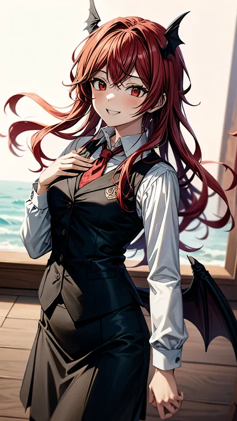 (Ultra High Quality,Ultra High Definition,16k,super masterpiece,Ultra HD , detailed shading and background,)one girl, long red hair with ocean print,bat feathers on the head, devil's wings on the back, white long sleeve shirt,Black vest,black skirt,smile,b...