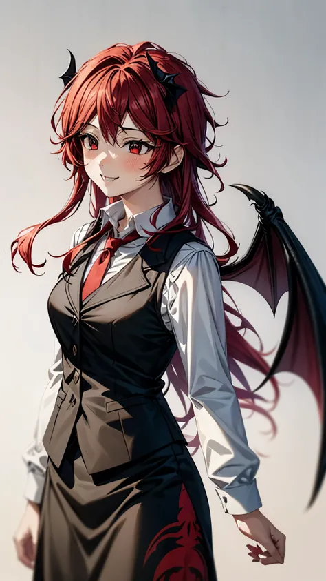 (Ultra High Quality,Ultra High Definition,16k,super masterpiece,Ultra HD , detailed shading and background,)one girl, long red hair with ocean print,bat feathers on the head, devil's wings on the back, white long sleeve shirt,Black vest,black skirt,smile,b...