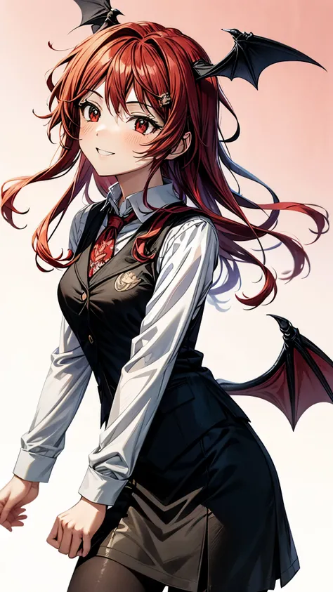 (Ultra High Quality,Ultra High Definition,16k,super masterpiece,Ultra HD , detailed shading and background,)one girl, long red hair with ocean print,bat feathers on the head, devil's wings on the back, white long sleeve shirt,Black vest,black skirt,smile,b...