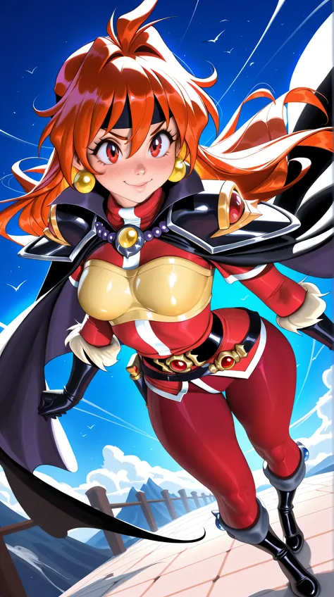 (TangoBat:0.7),(Sakimichan:0.7), Lina Inverse(Slayers), red hair, red eyes, red outfit, black cape with spaulders, gold breastplate,headband, black boots ,dynamic angle, masterpiece, best quality,absurdres 