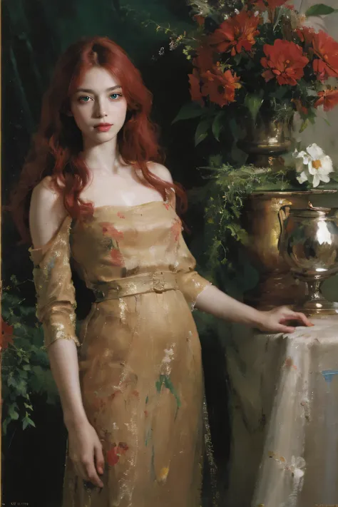 (oil painting:1.5),
\\
a woman with (red long curtly hair ), ((green eyes)) ain a field of  flowers, (amy sol:0.248), nude , with red dress,  (stanley artgerm lau:0.106), (a detailed painting:0.353), (gothic art:0.106)